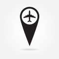 Map pointer with Airplane Icon. Vector aircraft symbol or sign.